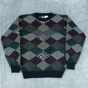 VTG Impact Sweater Men's Medium Multicolor Geometric Leather Patches Grandpa 90s